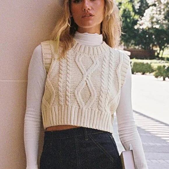 Princess Polly Sweaters - Princess Polly Carey Cable Knit Chunky Sweater Vest Cream XS / S